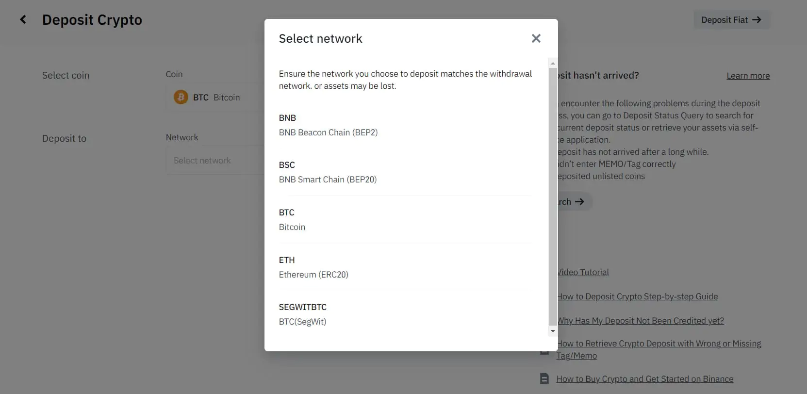 Binance'de para yatırmak için ağ seçin